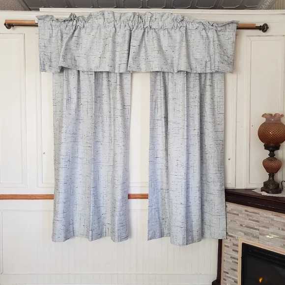 Sears Drapes 48W x 62L Tweed Print Pinch Pleat Curtains Blue VTG 50s 60s NEW
